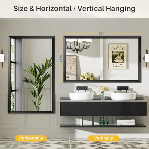 60x36 Inch Black Bathroom Mirror for Wall, Thick Metal Framed Rectangle Mirrors for Over Sink, Bedroom, Living Room, Entryway, Anti-Rust, HD Tempered Glass