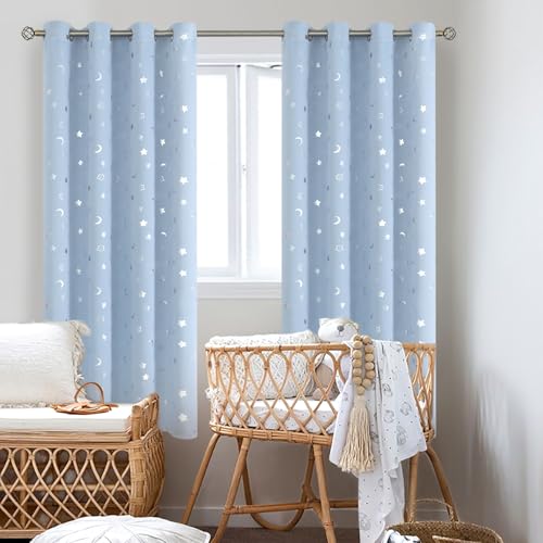 Image of BGment Kids Curtains for Bedroom 72 Inch Length, Nursery Star and Moon Blackout Curtains for Boys, Decoration Thermal Insulated Room Darkening Window Curtains for Girls Babys, Spa Blue, 52 Wide