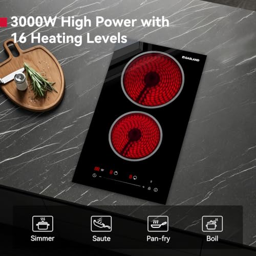 Image of GASLAND 12 Inch Electric Cooktop 2 Burner ETL Certified, 3000W Built-in Electric Radiant Glass Stove Top with 16 Power Levels, 220V Ceramic Hob, Keep Warm, Slide Touch Control & Timer