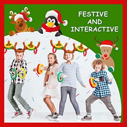 Balhvit 18Pcs Inflatable Reindeer Antler Ring Toss Game, Christmas Games for Kids Adults, Indoor Outdoor Xmas Party Games Holiday Favors Supplies for Families (2 Antlers &16 Rings & Hand-Held Pump)