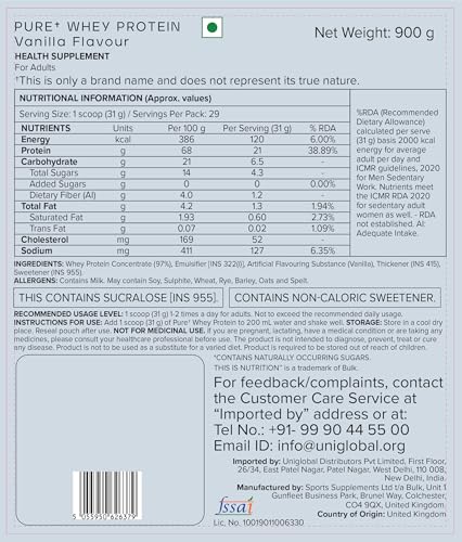 Image of Bulk Pure Whey Protein Powder, 900 g (1.98 lb), Vanilla | 21g Protein per Scoop | Muscle Growth & Recovery | Whey Concentrate | Vegetarian