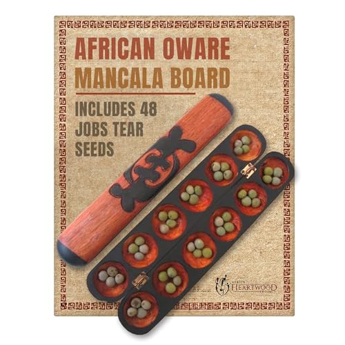 Africa Heartwood Project African Oware Mancala Board - Hand-Carved Solid Wood with Adinkra Symbol, Wooden Folding Mancala Design, 16