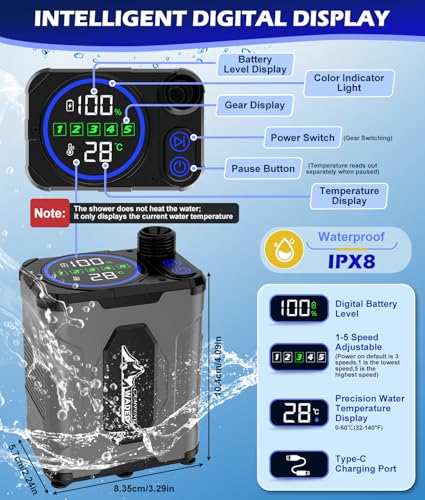 WADEO 2026 Ducha portátil mejorada para camping con calentador, ducha recargable con pantalla LED inteligente, balde plegable de 5 galones, 5 niveles de presión, ducha exterior para viaje y baño de mascotas miniatura 5