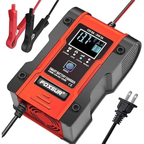 FOXSUR [New Upgrade] Lithium Battery Charger, 12V/24V 6Amp Full Automatic Intelligent Car Battery Charger(lithium batteries, lead-acid batteries, Calcium, etc)/Maintainer Delivers 7 Stage Charging-Red Cover