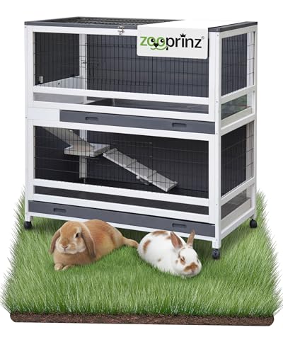 zooprinz gemütliches Hasenzuhause 2 Etagen -115×60×118 cm – Hasenstall/Kaninchenstall aus Holz auf 4 Rollen (mit Bremsen), herausziehbare Wannen 89×57 & 110×57 cm, trennbar, große Türen + Klappdach