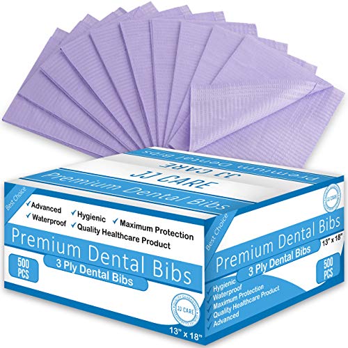 JJ Care Premium Purple Dental Bibs Pack of 500, 3 Ply Waterproof Bibs 13" x 18" Disposable Patient Bibs, Dentist Bibs, Waterproof Tattoo Bibs, Dental Patient Bibs, Dental Bib, Dental Napkins
