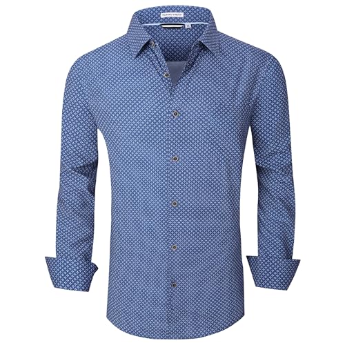 WARHORSEE Mens Casual Button Down Dress Shirts Long Sleeve 4-Way Stretch Collared Printed Business Work Shirt