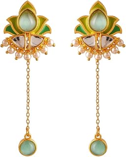 Voylla Forever More Green Stones and Pearls Enamelled Drop Earrings, Enamelled Earrings For Women, Wedding, Festive, Gift ... Price In India