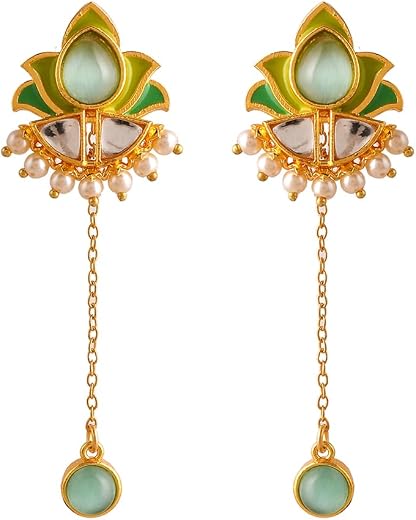 Voylla Forever More Green Stones and Pearls Enamelled Drop Earrings, Enamelled Earrings For Women, Wedding, Festive, Gift ...