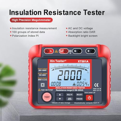 Image of Xin Tester 1000V AC DC Megohmmeter Insulation Megger Tester, Auto Earth Ground Resistance Meter 50V /100V /250V /500V High Voltage 0.1MΩ-10GΩ Auto Ranging with LCD Display - XT501A