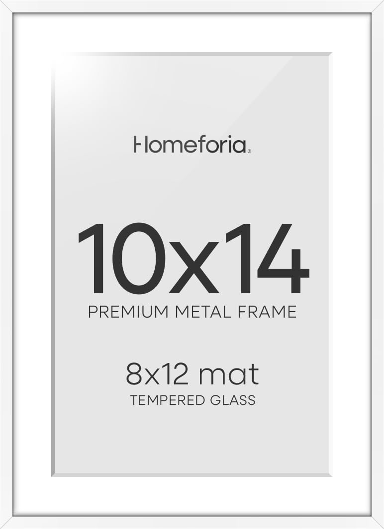 Homeforia 10x14 White Picture Frame, High-End Metal, 8x12 Mat, Glass | High End Aluminum, Tempered Glass, Acid-Free 8x12 Removable Mat, 10x14 in Edge-to-Edge Display 14x10, Wall Kit, Set Of 2