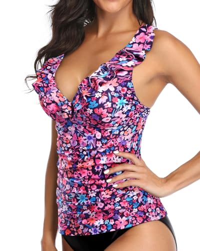 Image of Ruffle V Neck Tankini Top Only Women Tummy Control Swimsuit Tank Top