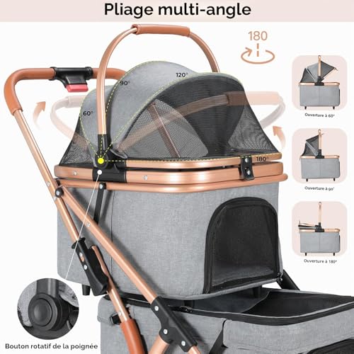MAMIZO Poussette Double pour Chien, Pliable Poussette pour 2 Animaux Jusqu'à 15 kg, Transporteur pour Chats avec Coussins et Porte-gobelet, sac de Transport pour Cage pour Chien, 4 PCS Roues, Gris – vue 6