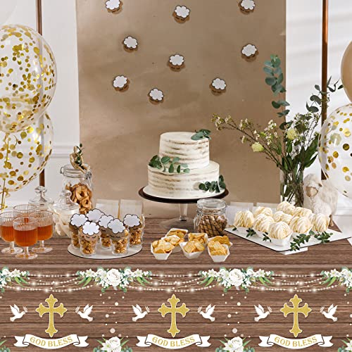 Image of 3 PCS God Bless Baptism Tablecloths - Decoration for First Holy Communion, Christening, Newborn Baby Shower Theme Supplies - Plastic Table Cover - Rustic Wood Floral Party Favors