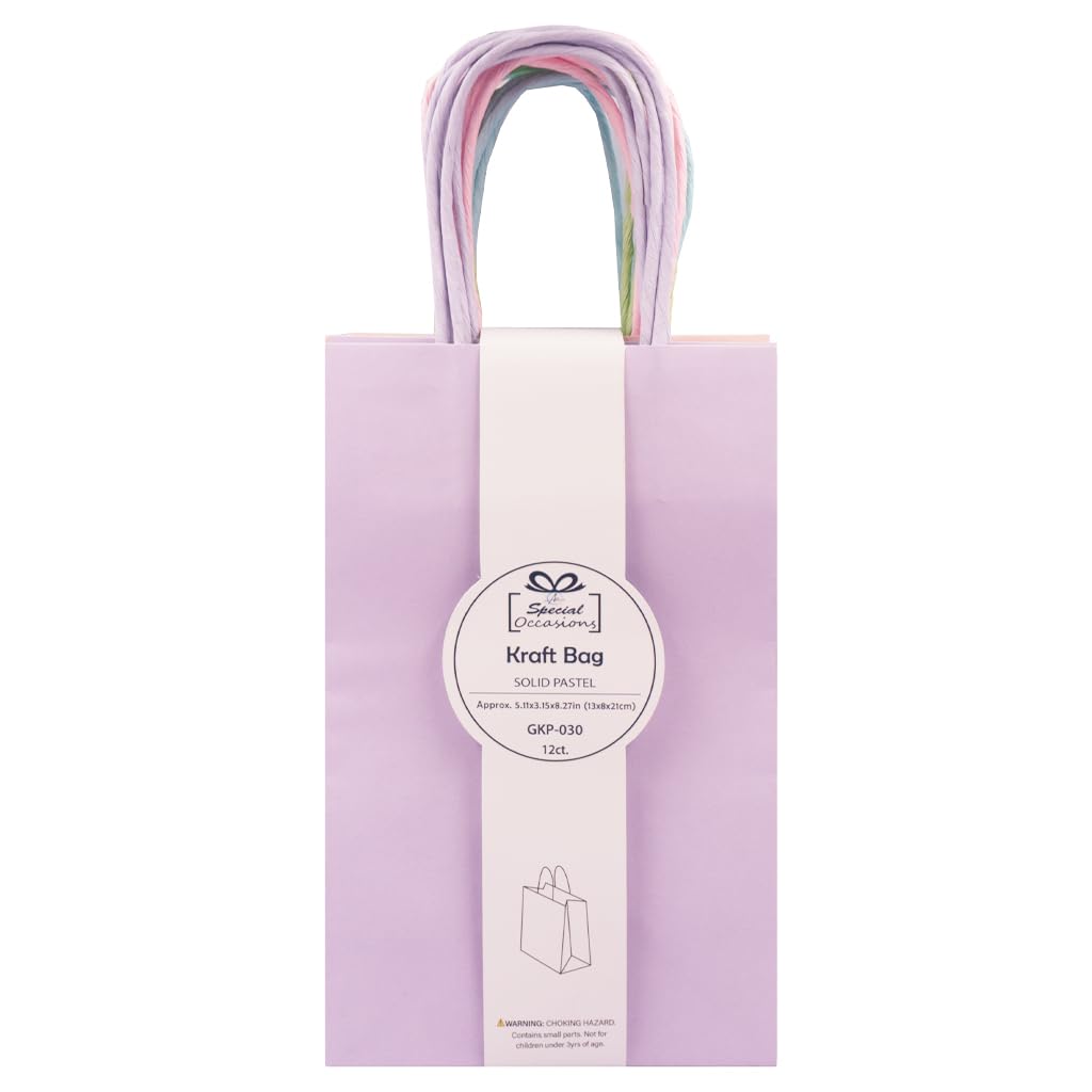 Angels Craft 12 Pack Kraft Bags with Handles - 8" x 5" - Pastel Colors | Durable Paper Gift Bags for Retail, Birthday, Party & DIY Projects
