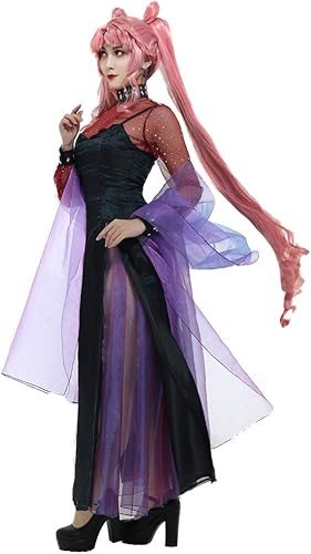 miccostumes Disfraz de mujer negro para cosplay, gótico, tirantes delgados, línea A, vestido de graduación con accesorios