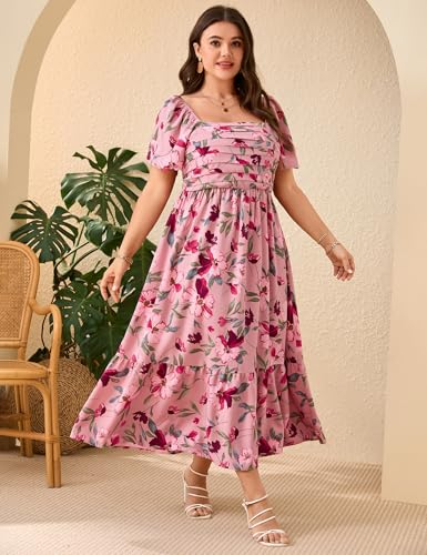 Image of ShopWonder Women Plus Size Dress Short Sleeve Square Neck Floral Maxi Pleated Ruffle A Line Long Dress