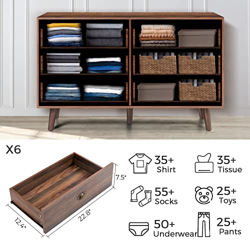 Kfo 6 Drawer Dresser For Bedroom, Walnut Dresser Chest Of Drawers With Metal Handles, Sturdy Frame Bedroom Furniture, Wood Storage Dresser With Drawers For Living Room, Entryway, Hallway #TOP3