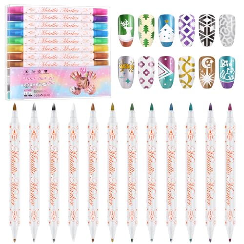 12 Colors 3D Nail Art Pens Set, Kalolary Double-headed Nail Point Graffiti Dotting Pen Quick Dry Long-last Acrylic Paint Markers for DIY Nail Art Design, Home &amp; Salon Manicure Tools