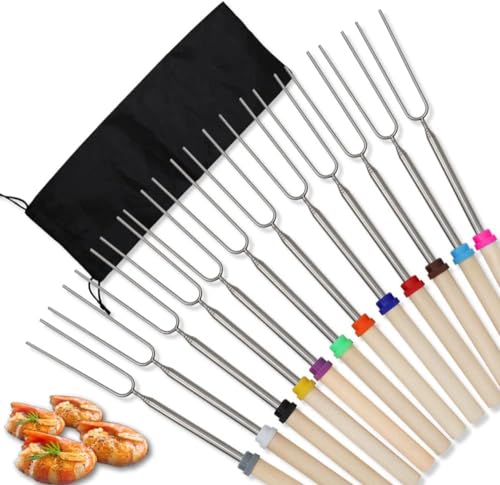 12 Pcs Marshmallow Roasting Sticks, BetterJonny 31cm - 82cm Long Extendable Fork Smores Sticks with Wooden Handle Stainless Steel Forks BBQ Tools with Black Storage Bag for Barbecue, Camping, Campfire