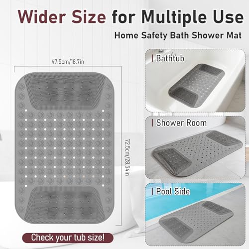 Shower Mat Bath Tub Bathtub Mat with Suction Cups Wide 29x19, Silicone Non Slip Shower Mats for Elderly Inside Shower, Shower Mat Foot Scrubber for Massage Bristles Scrub Feet with Drain Holes Grey - image 5
