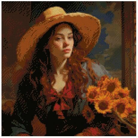 Kit broderie point de croix compté coton motif fille chapeau jaune canevas 26x26