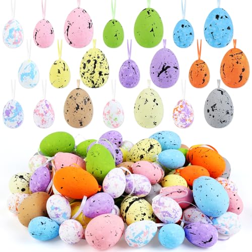 Wlicon 72 Pièces Oeufs de Pâques en Mousse à Suspendre Oeufs en Mousse Colorés à Accrocher Mini Œufs de Pâques à Suspendre avec Corde pour Arbre...