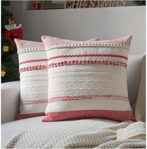 Cethom Christmas Pillow Covers 20x20 Inch Set of 2, Red Textured Boho Christmas Decoration Pillow Cases for Farmhouse Home Decor, Accent Cushion Cover for Sofa, Bed, Living Room, Bedroom