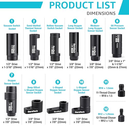 Image of DURATECH 12-Piece Oxygen Sensor Socket Set, O2 Sensor Removal Tool Kit with 22mm, 27mm, 29mm, 7 /8 inch and 1-1 /16 inch Sockets, 3 /8 inch & 1 /2 inch Drive, Thread Chasers, O2 Sensor Socket Set with Storage Case