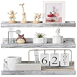 Floating Shelves for Wall Set of 3, Wood Picture Ledge Shelf, Rustic Wood Wall Shelves Display Ledge for Living Room Bedroom Kitchen Bathroom (Gray-White, 17')