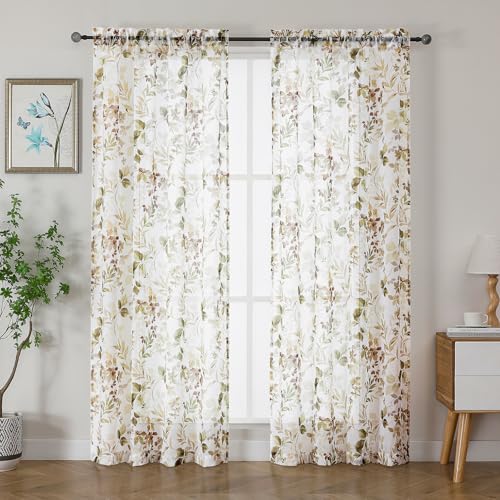 OWENIE Crushed Semi Sheer Curtains 72 Inch Length 2 Panels Set Printing Floral Pattern Rod Pocket Light Filtering Farmhouse Curtains for Bedroom Living Room 2 Pieces 84 Inch Wide 72 inch Long