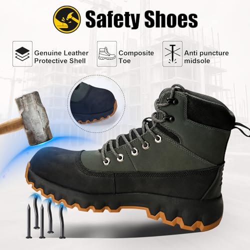 Image of Mens Work Boots Composite Toe Boots for Men Genuine Leather Rubber Sole No Slip Waterproof Shoes Industrial & Construction Safety Boots