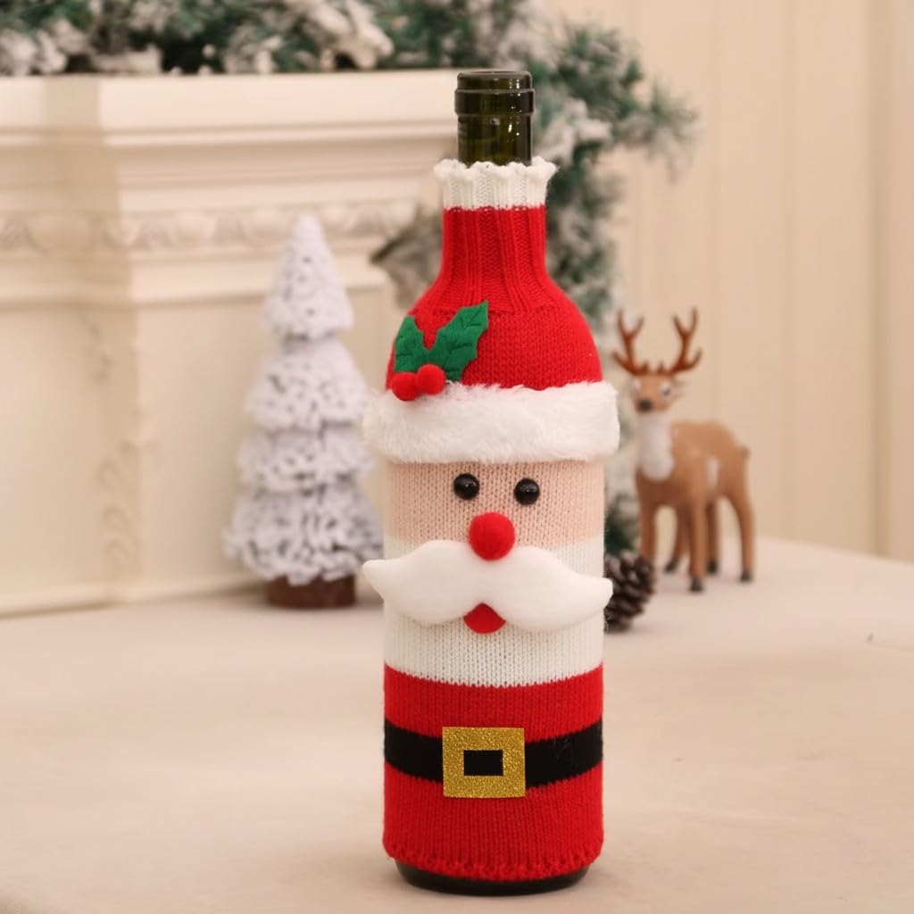 Ascension Christmas Santa Wine Bottle Covers Xmas Wine Bottle Cover for Gifts Table Decor Christmas Bottle Cover for Gifting, Dining Table & Holiday Decorations Knitted Santa Claus Wine Bottle Cover
