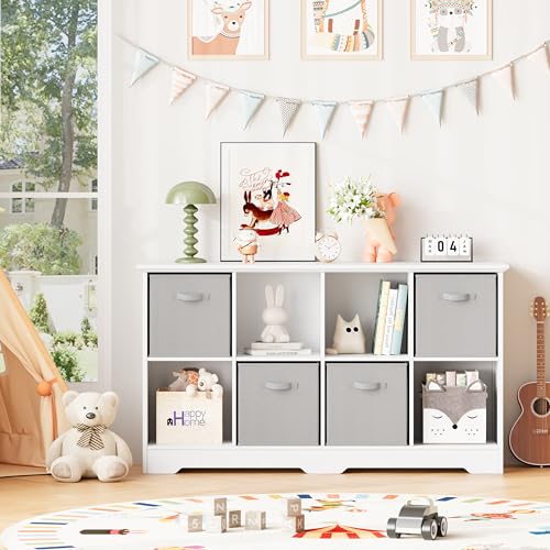 Image of 8 Cube Storage Organizer Shelf, Wood Cubby Storage with 4 Fabric Drawers, 2 Tier Wooden Bookshelf with 2 Adjustable Shelves & Fluted Side Panels for Bedroom, Living Room, Home Office, White