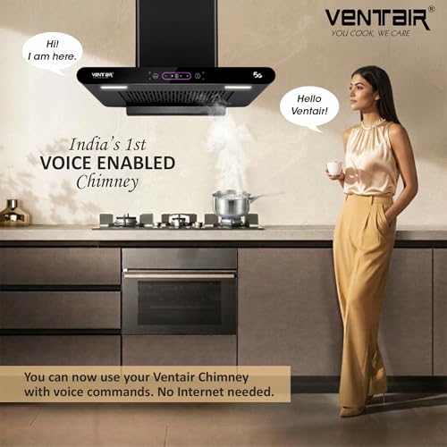 Image of Ventair 60 cm Voice Enabled 1400 m3 /hr Smart Autoclean Kitchen Chimney (Ruby 5G 60, Voice Enabled, Motion Sensor, Made in India, 11 Filterless with Metallic Oil Collector, T Shape, Black)