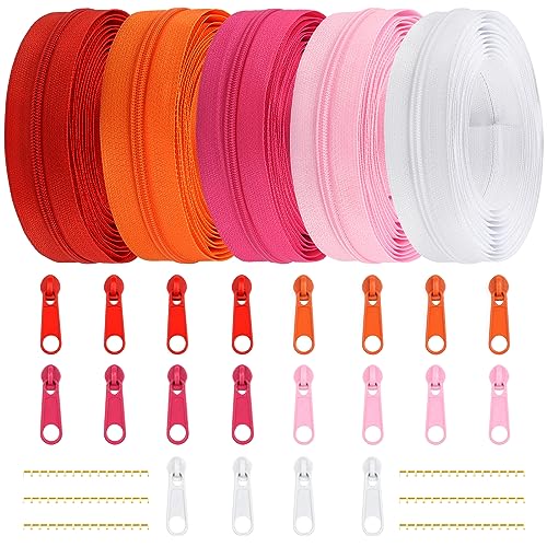 DOITEM Zipper Closure 3mm Endless Nylon Zipper Set 15.3 Yards/14 Meters with Slider and Zipper Closure, Rose Red White, 5 Colors