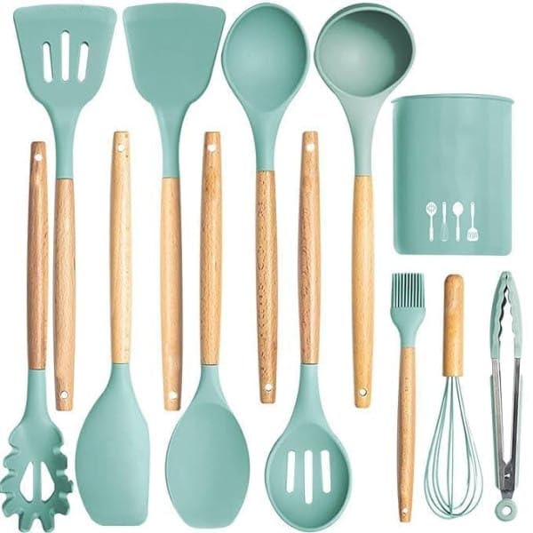 12-Piece Silicone Kitchen Utensil Set with Wooden Handles & Holder | Heat Resistant Non-Stick Cooking Tools | BPA Free Kitchen Spatula Set for Cooking & Baking-image-5