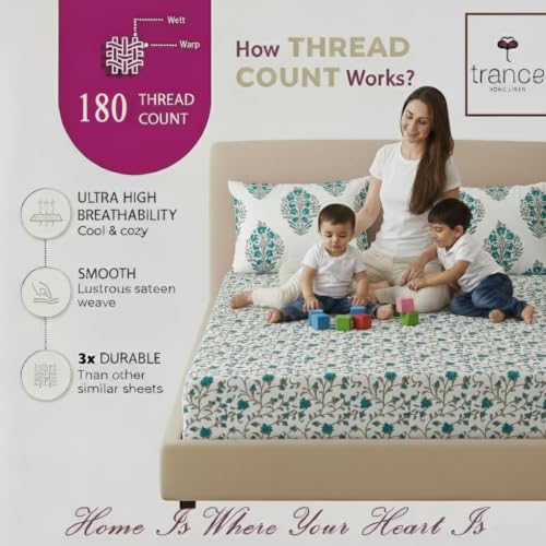 Image of Trance Home Linen 180TC 100% Cotton Single Size Printed Bedsheet | Bedding Set of Single Size Flat Bed Cover with 1 Pillow Covers (60x100 inch |1.52 Mtr x 2.54 Mtr - Jaal Green)