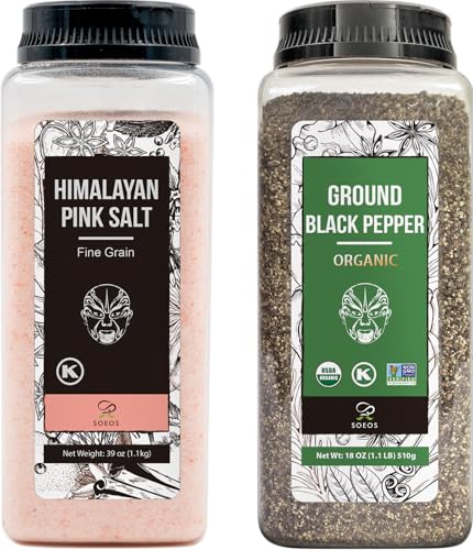 Soeos Himalayan Pink Salt Fine 39 oz + Organic Ground Black Pepper 18 oz, Salt and Pepper for Grinder Refill
