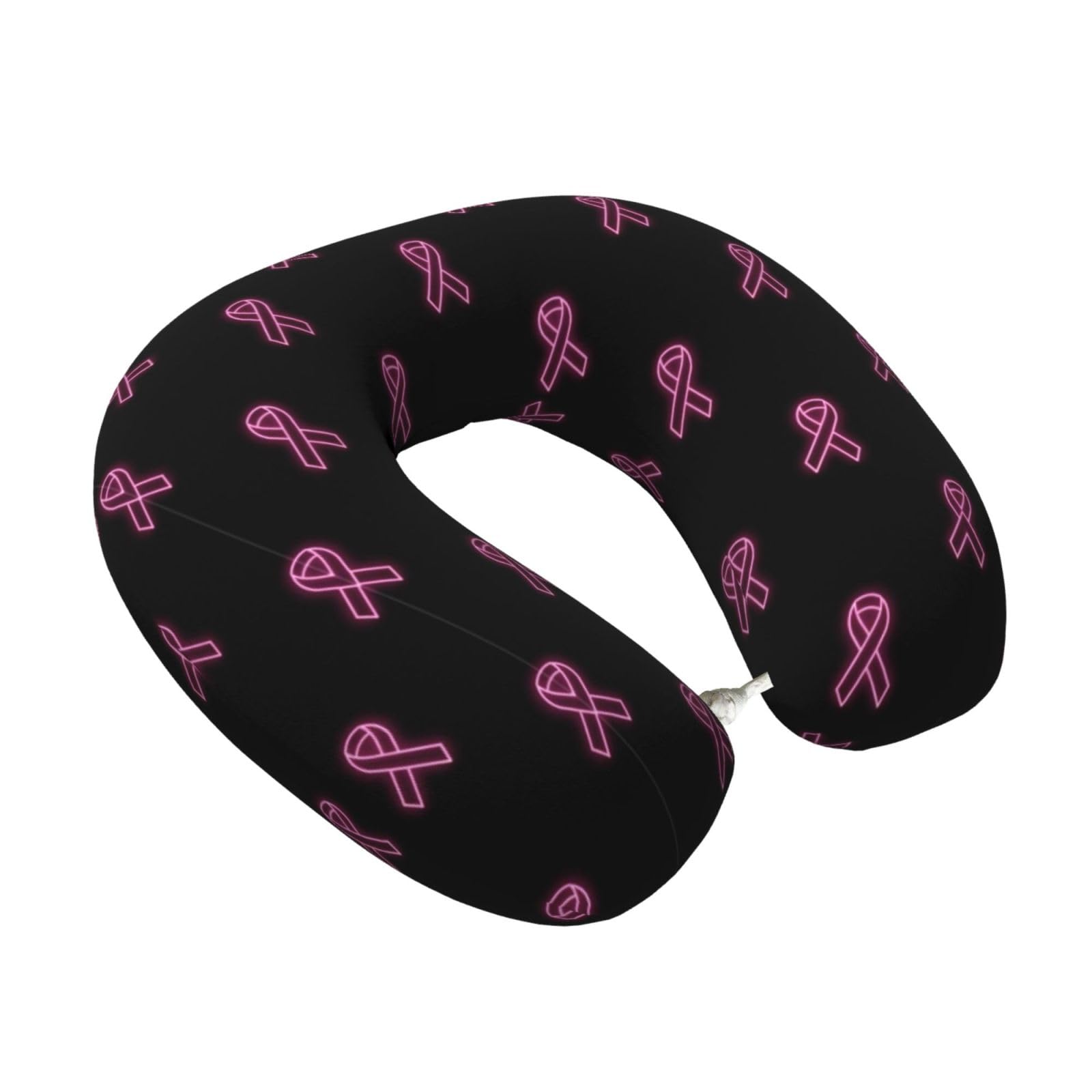 Comfort Memory Foam Neck Pillow Neon Pink Ribbon Breast Cancer Awareness, U-Shaped Design for Travel Support on Long Flights and Road Trips
