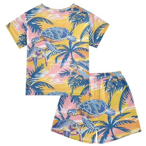 ALAZA Sea Turtle Palm Trees Pajamas Short Sleeve 2 Piece Sleepwear Top and Bottom Pajama Set Unisex2