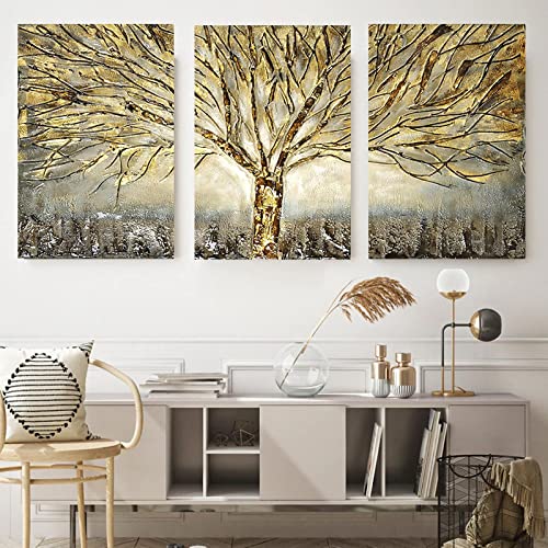 Toile Arbre de Vie doré en 3 panneaux grand format 70x100 cm sans cadre pour salon