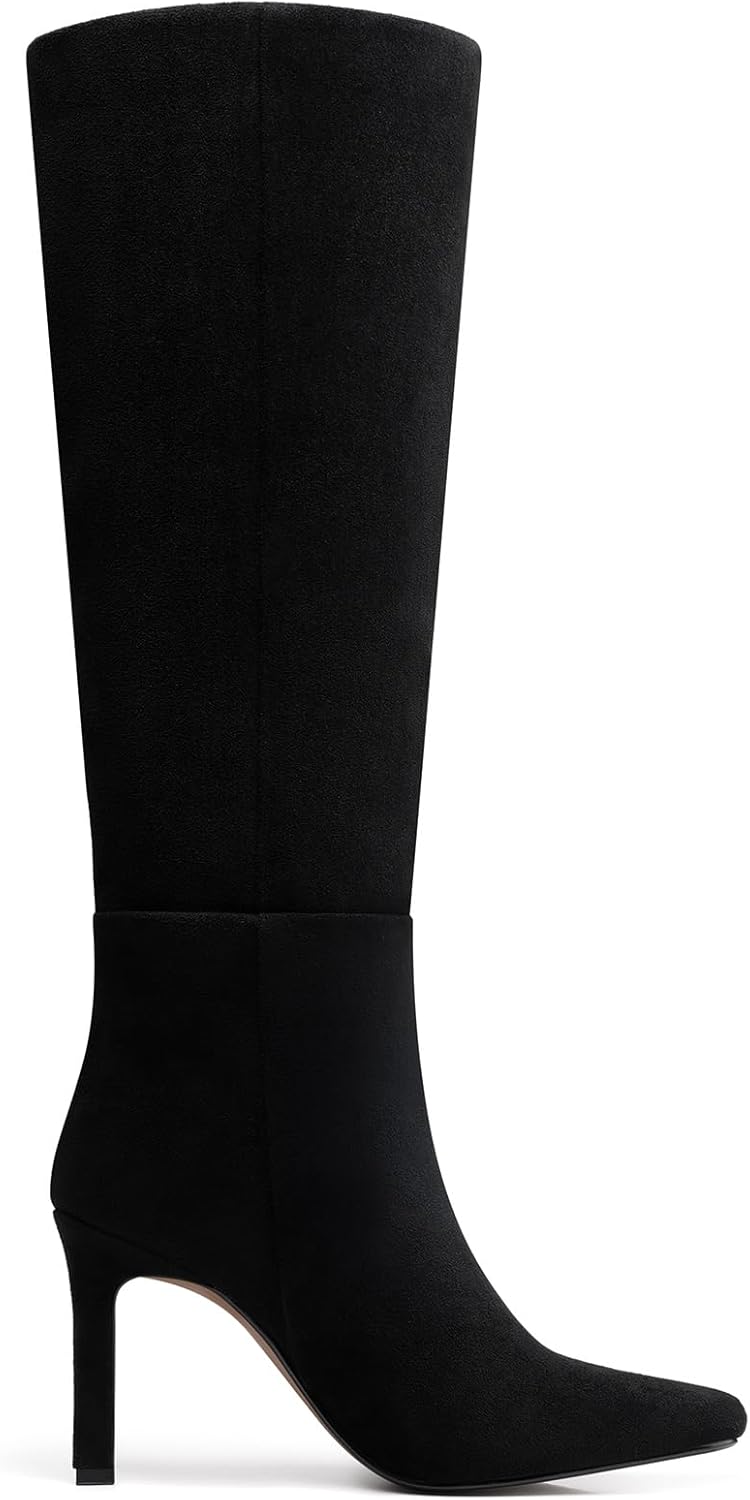 Womens Knee High Boots: Fashion Stiletto Heels Boots - Heeled Wide Calf Tall Booties Women - Black Suede Leather Heeled Fall Boot Night Out Dancing Size 8.5 - Image 3