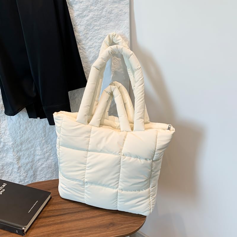 CRGANGZY Puffer-Einkaufstasche for Damen, schicke Hobo-Tasche, große Kapazität, weiche Wolken-Einkaufstasche, leicht, gepolsterte Schulterhandtasche, einfarbig, stilvolle Pendlertasche (weiß