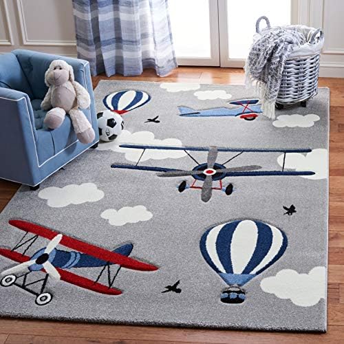 SAFAVIEH Carousel Kids Collection Area Rug - 8' x 10', Light Grey & Red, Non-Shedding & Easy Care, Ideal for High Traffic Areas for Boys & Girls in Playroom, Nursery, Bedroom (CRK137F)