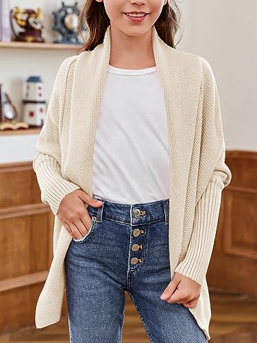 Image of Girls Open Front Cardigan Sweaters Batwing Long Sleeve Shawl Collar Ribbed Knit Winter Coats