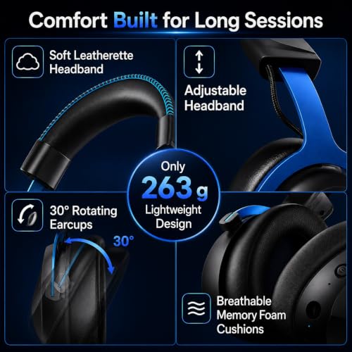 Motast 2.4GHz Wireless Gaming Headset for PC PS5 PS4 Switch,100Hrs, BT6.0 | 7.1 Surround Sound Gaming Headphones with 50mm Drivers, ENC Noise Canceling Mic, RGB Light, 263g Lightweight Over Ear Headset - image 6