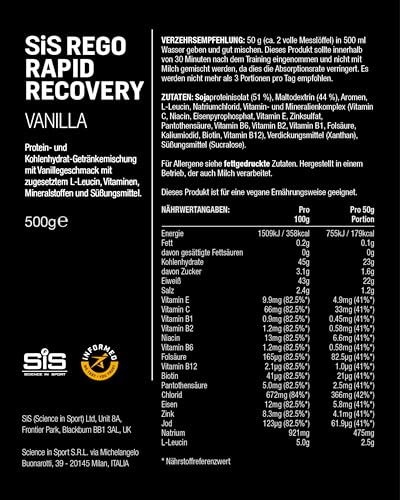 Science in Sport Rego Rapid Recovery Pulver 500g vegan Vanille - Regenerations Drink Pulver mit Kohlenhydraten, Proteinen, Elektrolyten, Vitaminen und Mineralien, Unterstützt effektives Training