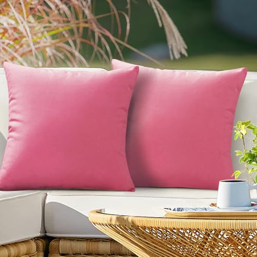 VAKADO Outdoor Waterproof Throw Pillow Covers 18X18 Set of 2 Decorative Hot Pink Patio Furniture Cushion Cases Outside Decor for Couch Garden Bench Porch