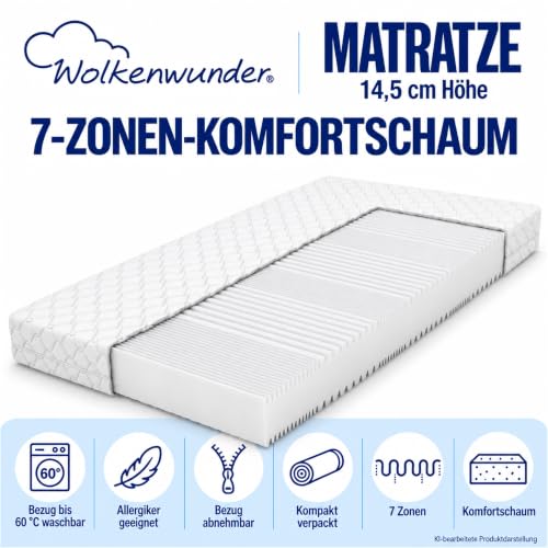 Wolkenwunder Wellflex MultiPlus 7-Zonen-Schaum-Matratze 90x200 cm mittel 14,5 cm Gesamthöhe I Bezug...